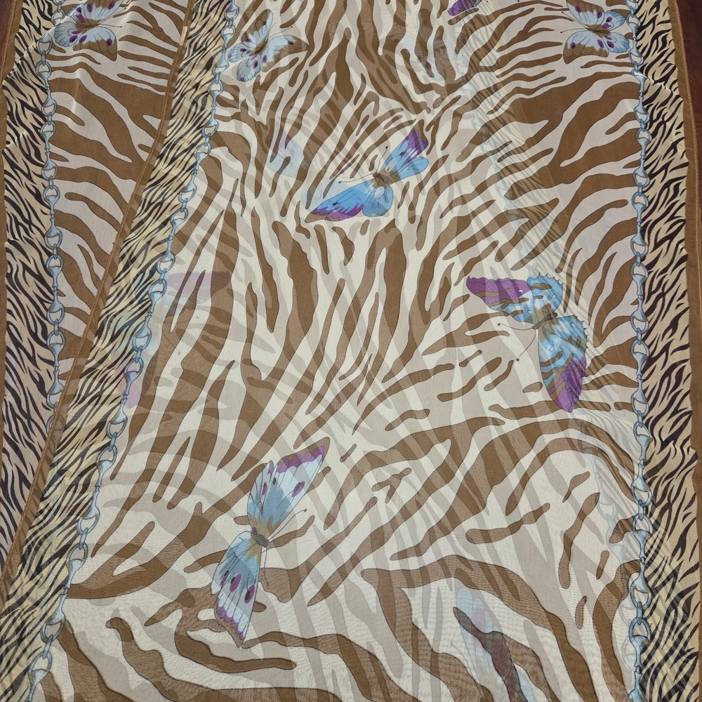 Brown and Cream Zebra-Print Scarf with Blue & Purple Butterflies